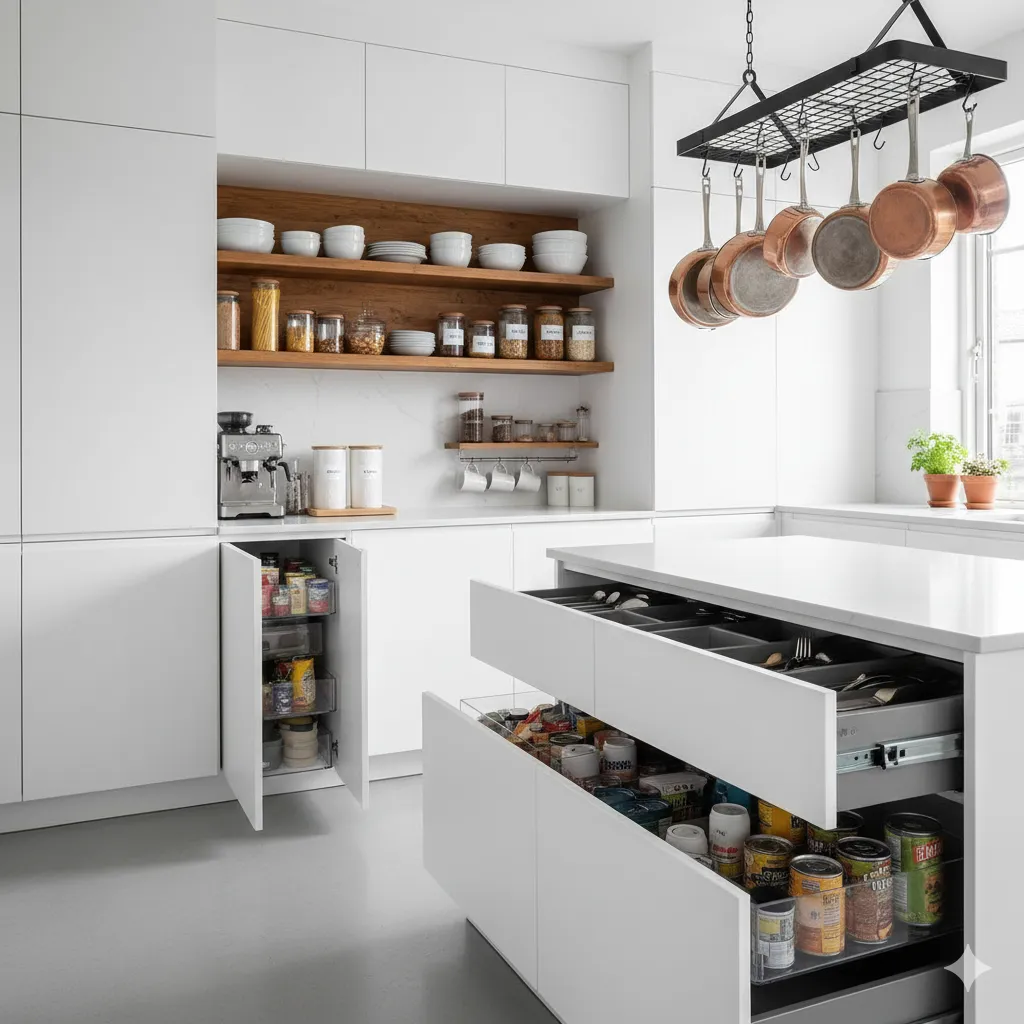 Georganiseerde keuken met opbergoplossingen